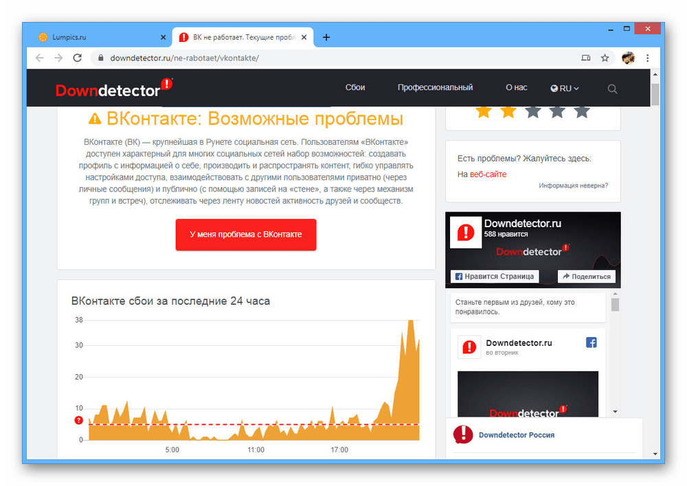 Просмотр неисправностей ВКонтакте на сайте Downdetector