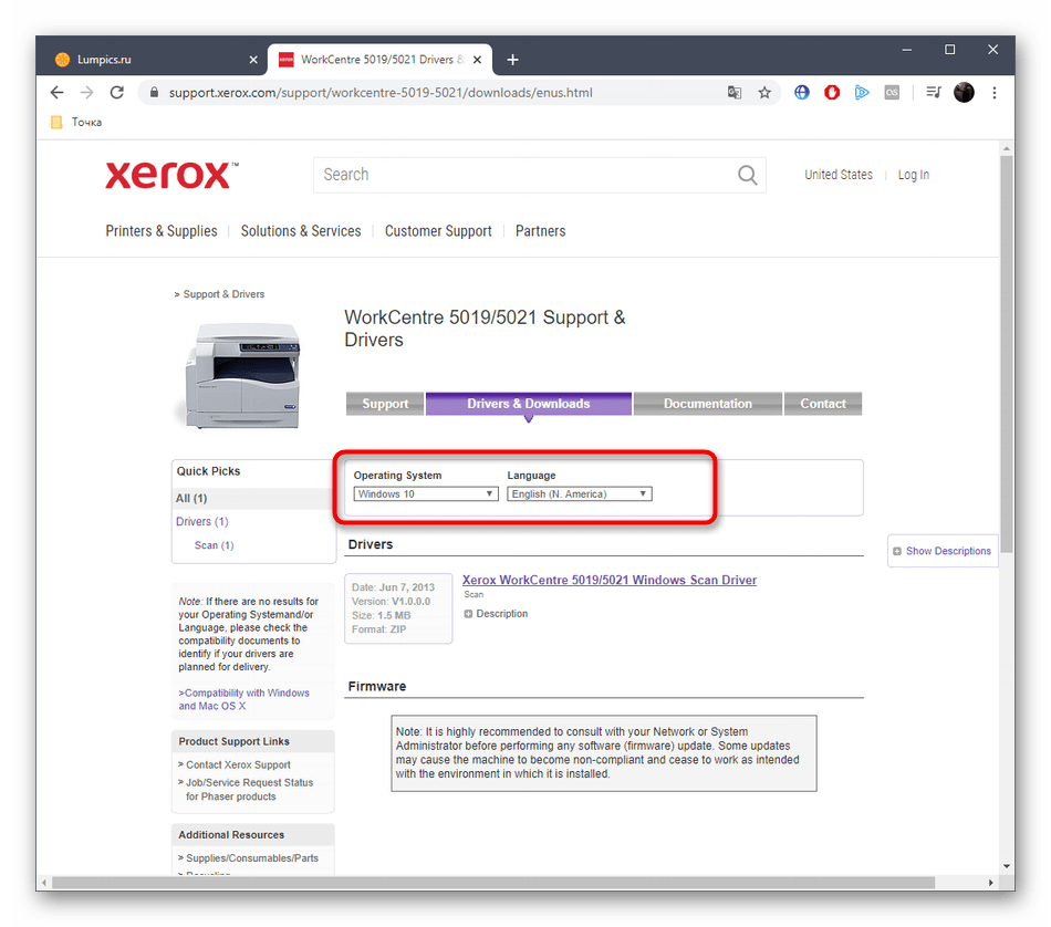 Выбор операционной системы перед скачиванием драйверов для Xerox WorkCentre 5021 на официальном сайте