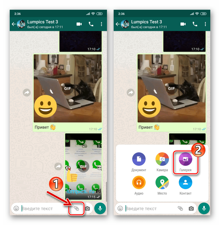 WhatsApp для Android пункт Галерея в меню типов вложений в послание