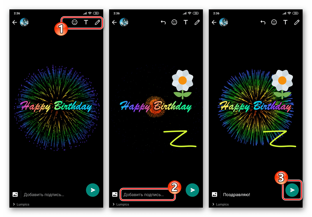 WhatsApp для Android редактирование, добавление подписи и отправка GIF-анимации через мессенджер