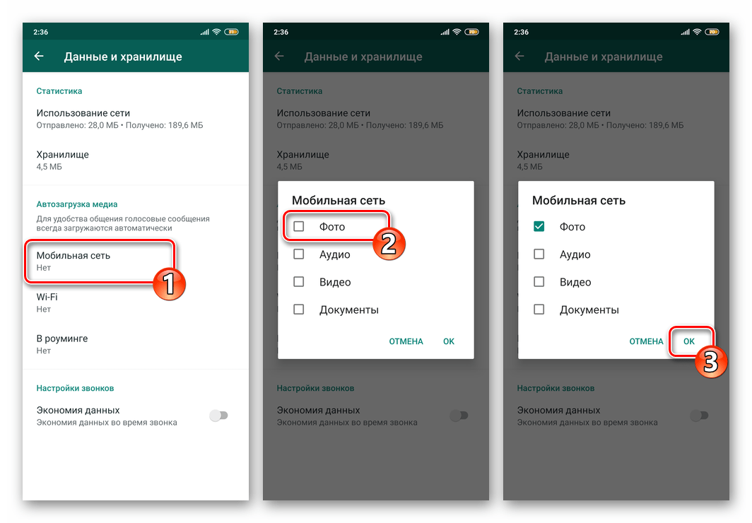 WhatsApp для Android включение Автозагузки фото при подключеини к мобильному интернету