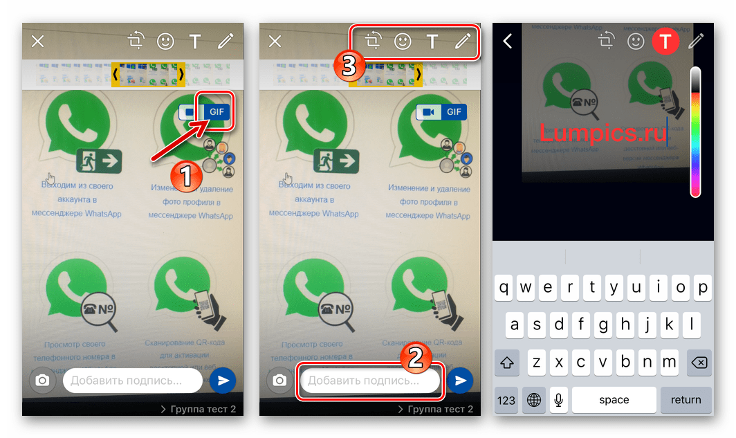 WhatsApp для iOS конвертация в GIF видео с камеры iPhone, применение эффектов, добавление подписи