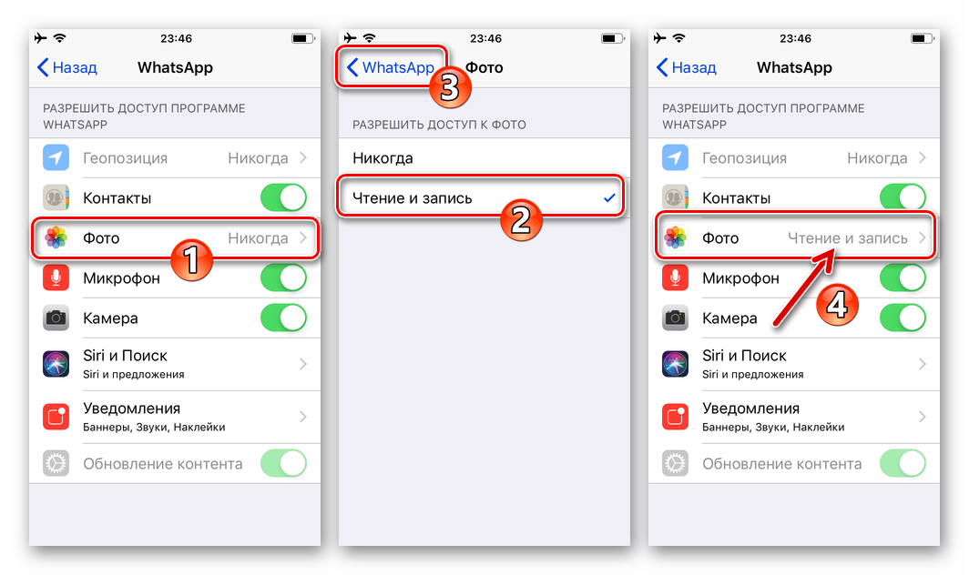 WhatsApp для iPhone - предоставление мессенджеру доступа к хранилищу смартфона в Настройках iOS