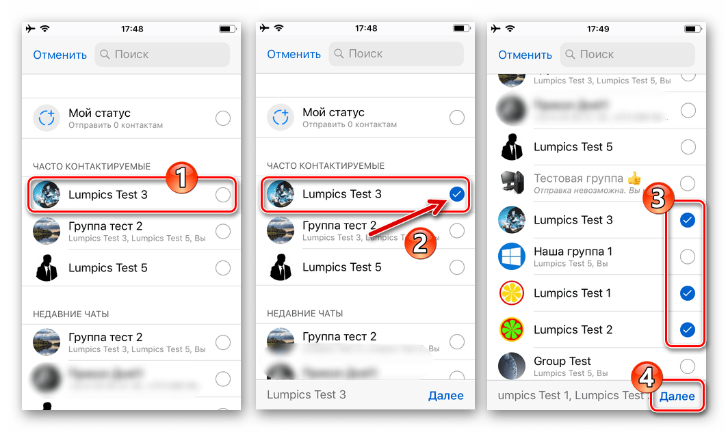 WhatsApp для iPhone выбор контактов-получателей GIF-файла в мессенджере