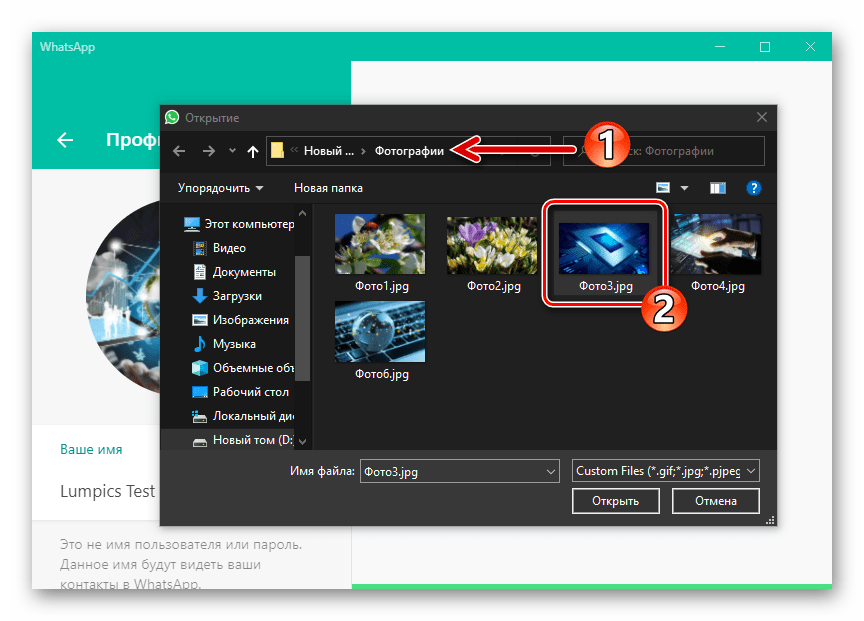 WhatsApp для Windows выбор изображения для установки в качестве фото профиля на диске ПК