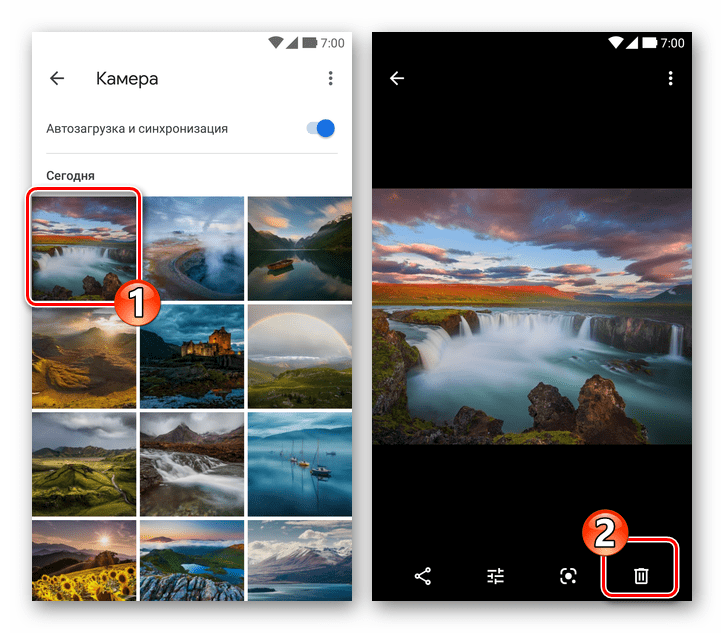 Google Фото для Android - переход к полноэкранному просмотру снимка, иконка Удалить в виде корзины