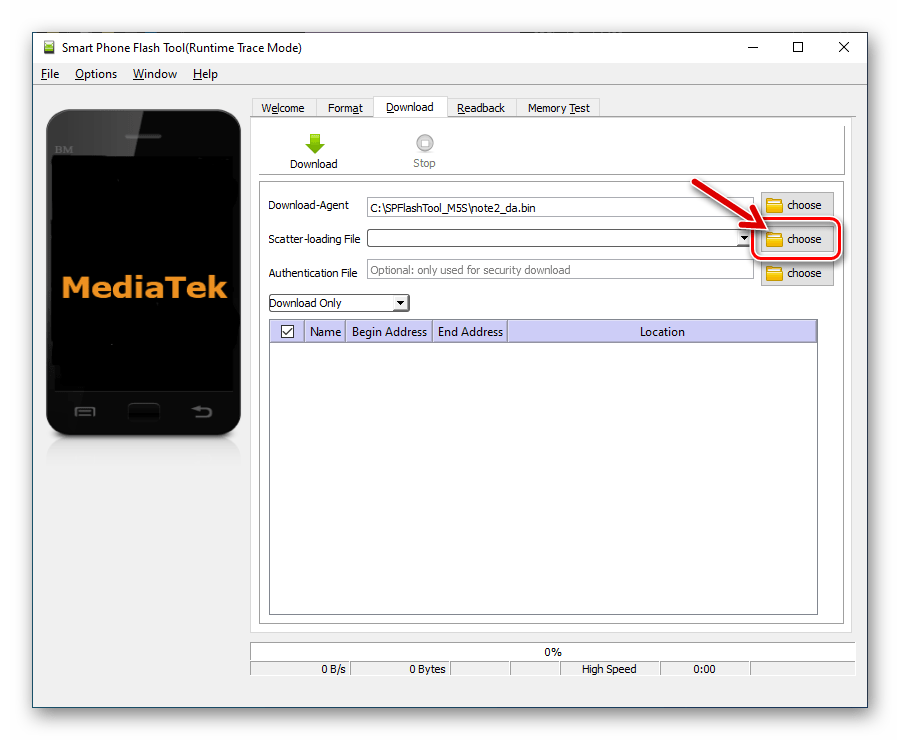 Meizu M5s SP Flash Tool кнопка выбора скаттер-файла прошивки в программе