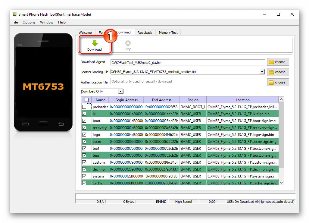Meizu M5s SP Flash Tool начало прошивки девайса без прелоадера в режиме Download only