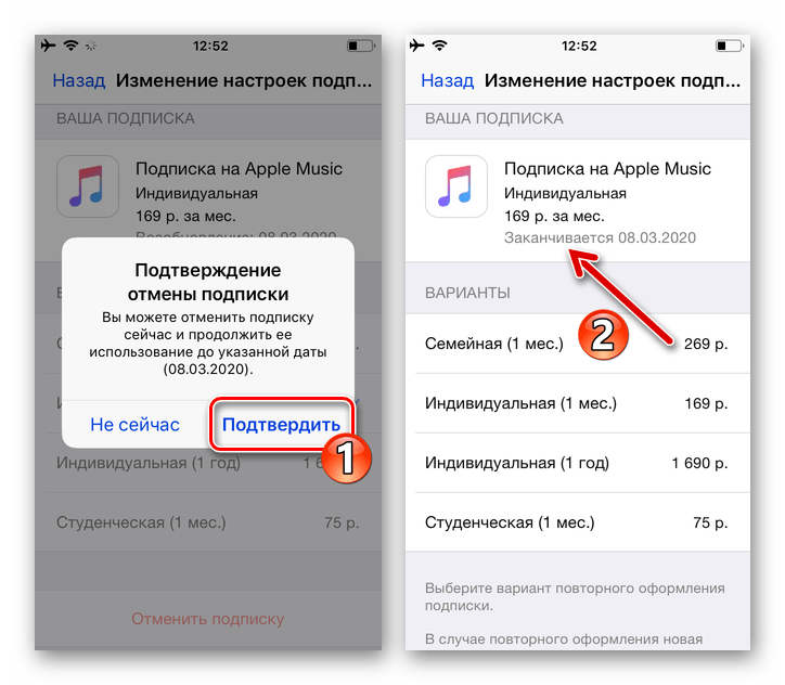Подтверждение отмены подписки на Apple Music в Настройках iOS, проверка результативности операции