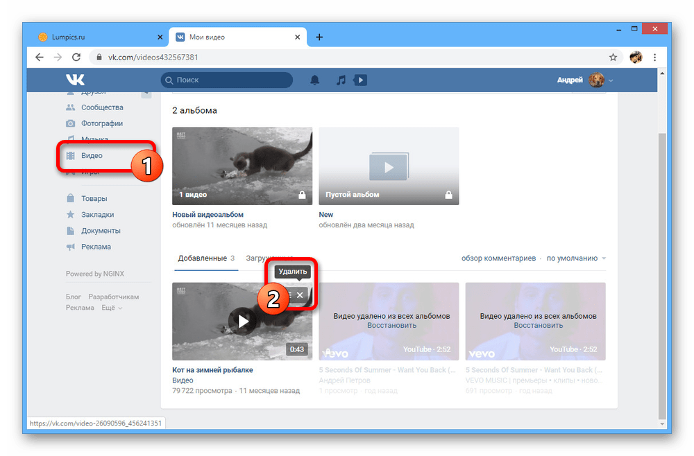 Пример удаления видеозаписей на сайте ВКонтакте