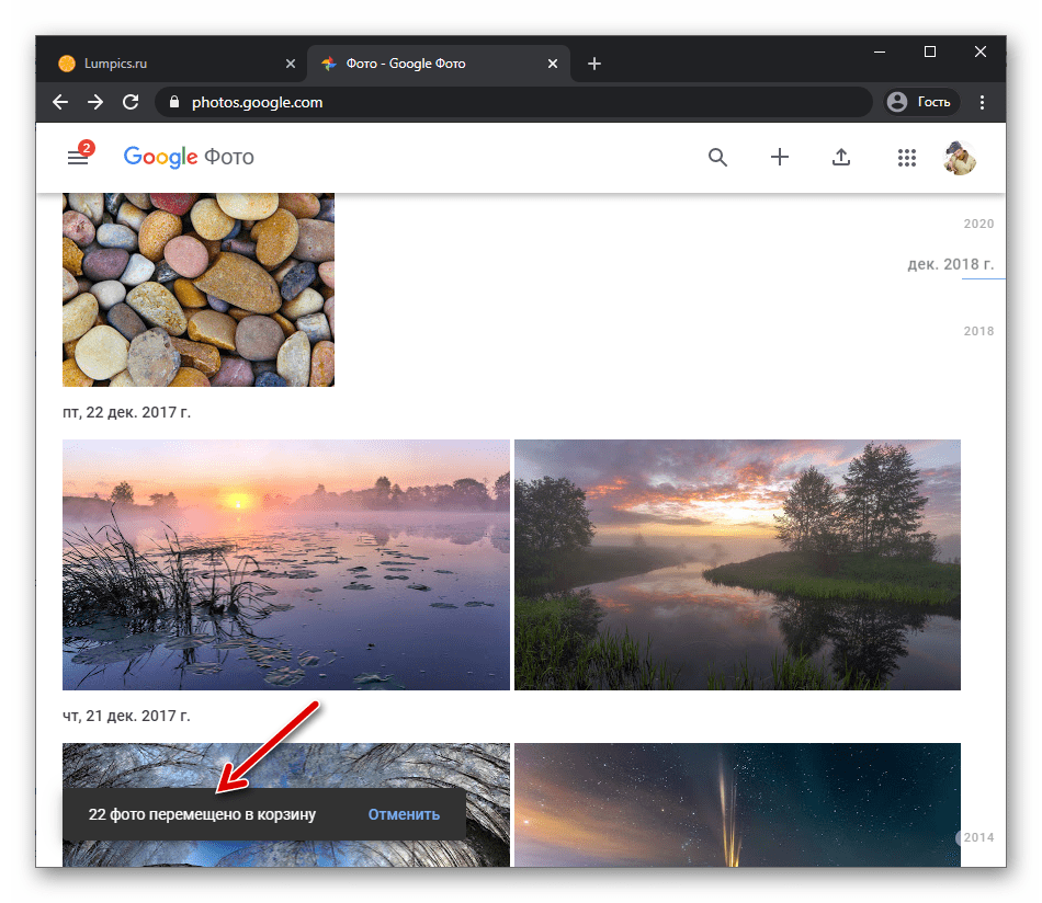 Веб-версия Google Фото на ПК - перемещение фотографий в Корзину завершено