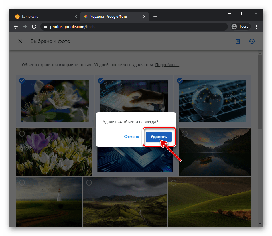 Веб-версия Google Фото подтверждение удаления нескольких изображений из корзины