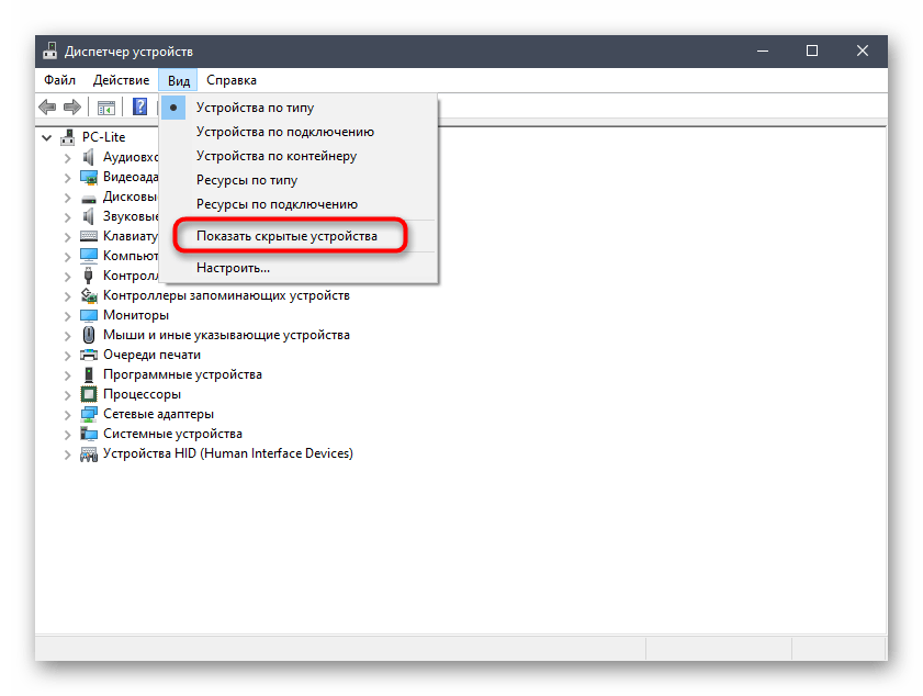 Включение просмотра скрытых устройств через диспетчер в Windows 10