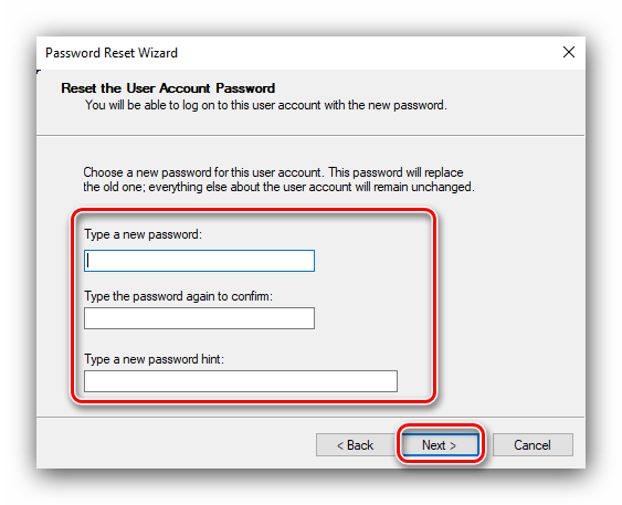 Ввод новых данных для использования диска восстановления пароля Windows 10