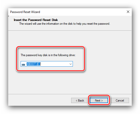 Выбрать флешку для использования диска восстановления пароля Windows 10