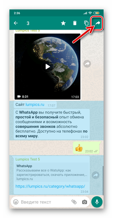 WhatsApp для Android кнопка Переслать в меню применимых к выделенным в чате сообщениям действий