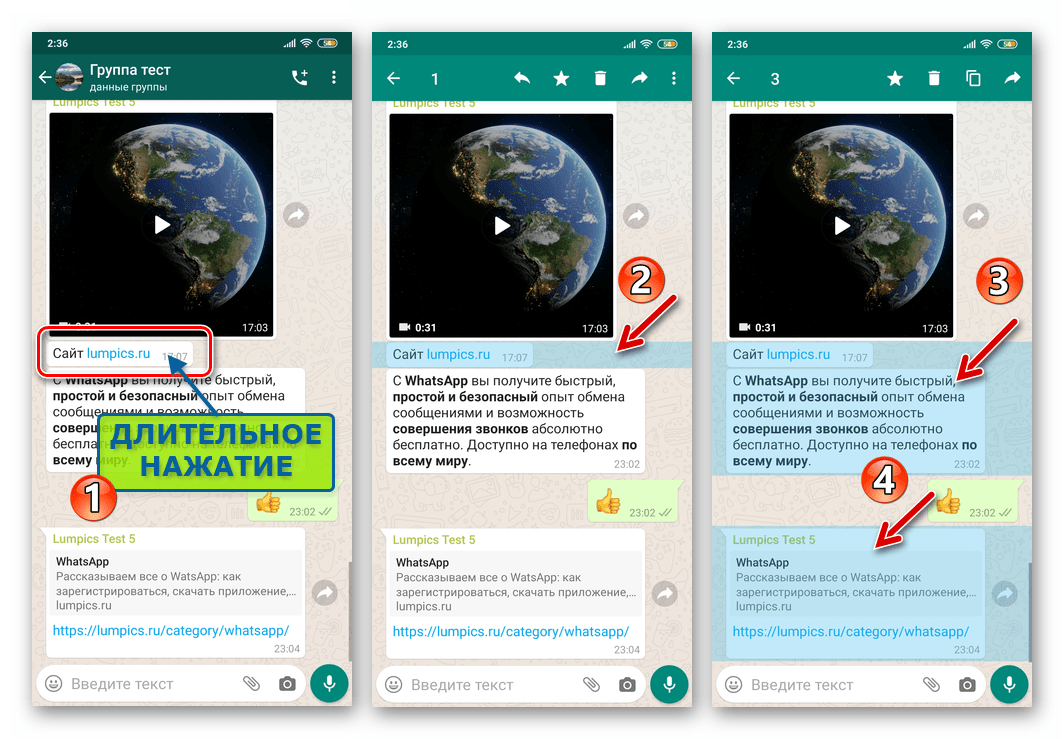 WhatsApp для Android выбор одного или несокльких сообщений в чате для пересылки в другую переписку