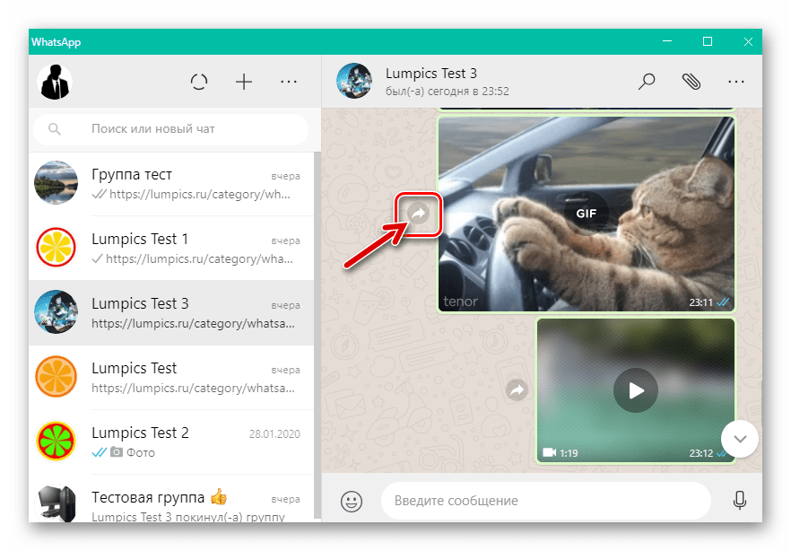 WhatsApp для Windows пересылка изображения, видео или анимации в другой чат
