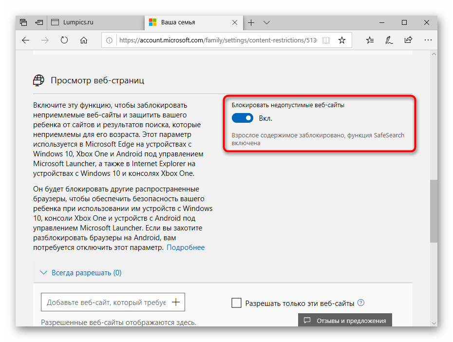 Дополнительные опции ограничений на просмотр содержимого в Windows 10
