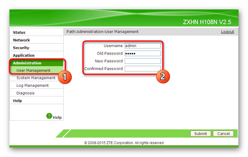 Изменение имени и пароля для входа в веб-интерфейс роутера ZTE