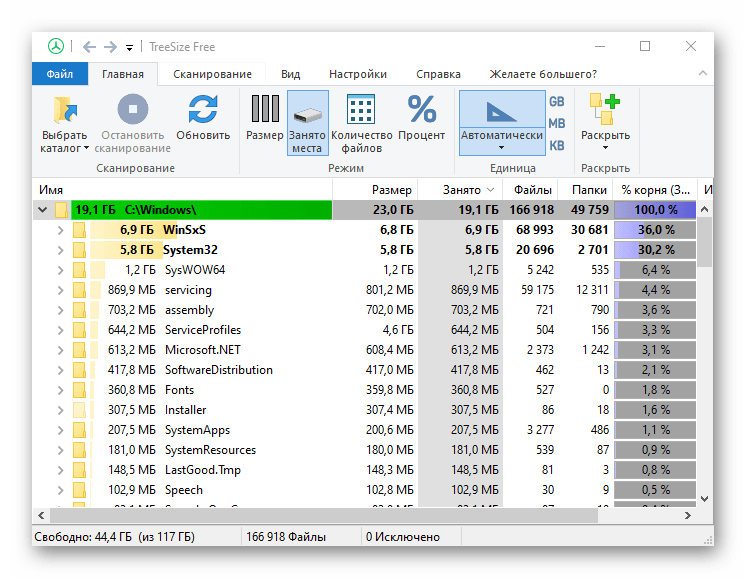 Окно с информацией о папке Windows в TreeSize Free