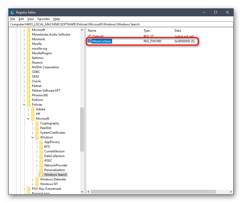 Переход к настройкам параметра в редакторе реестра для отключения Cortana в Windows 10