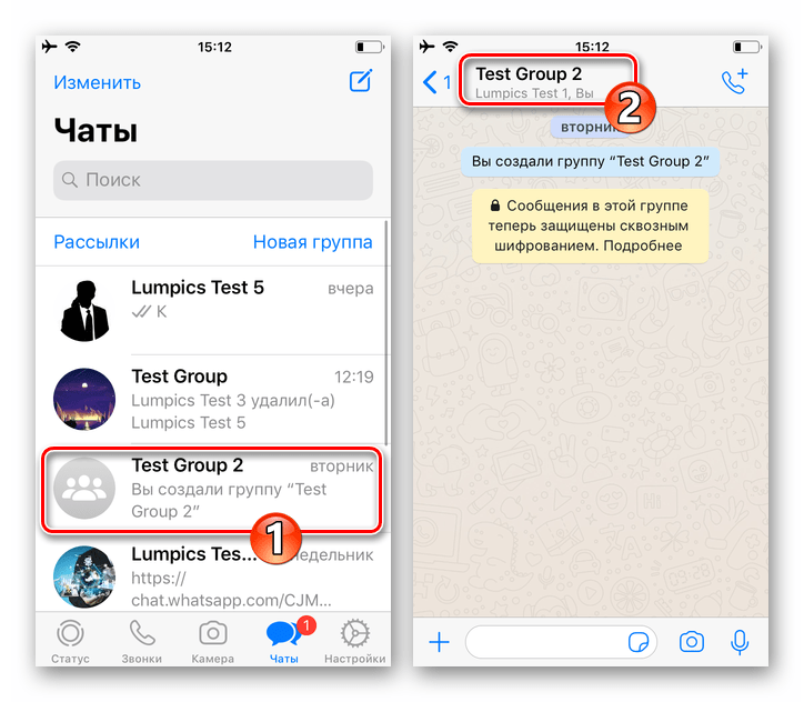 WhatsApp для iOS - переход в групповой чат, а затем его настройки