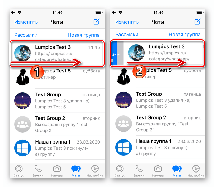 WhatsApp для iOS вызов меню действий для переписки на экране Чаты мессенджера