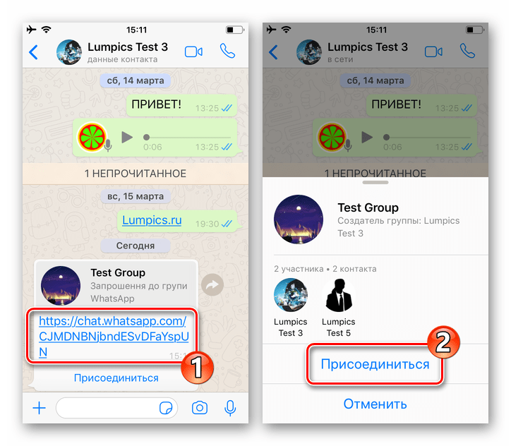 WhatsApp для iPhone результат перехода по ссылке-приглашению в групповой чат в мессенджере
