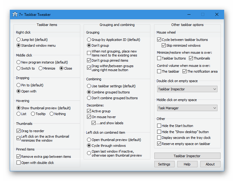 Использование программы 7+ Taskbar Tweaker для настройки Windows 10