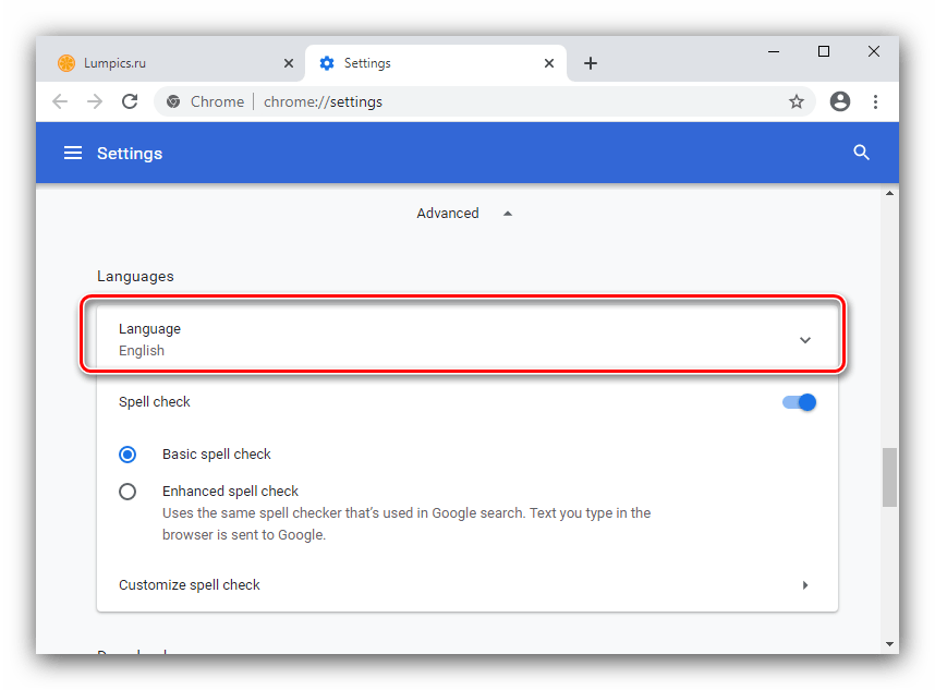 Опции управления локализацией для смены языка в браузере Google Chrome