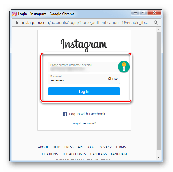 Ввести логин и пароль от аккаунта Instagram в ПК-версии Facebook
