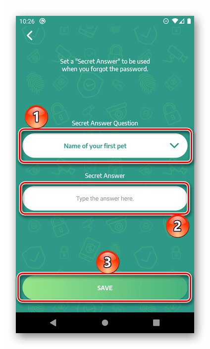 Выбор контрольного вопроса и ответ на него в приложении AppLock на Android