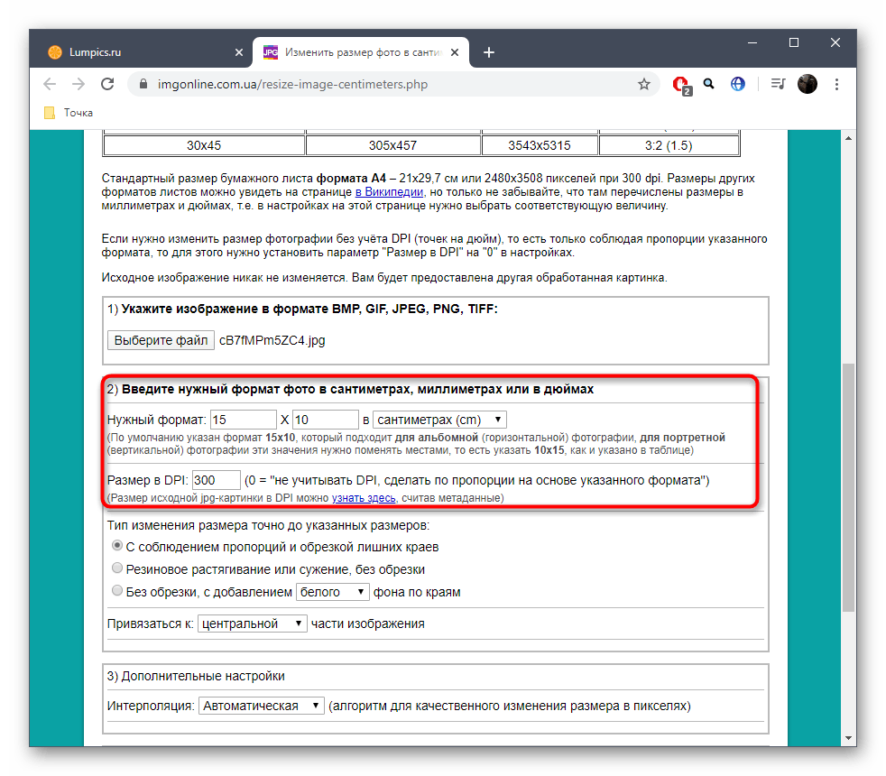 Выбор размера фотографии в сантиметрах через онлайн-сервис IMGonline