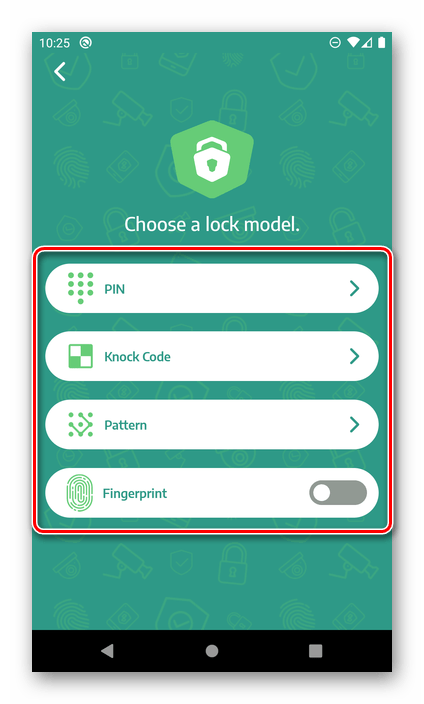 Выбор способа блокировки в приложении AppLock на Android