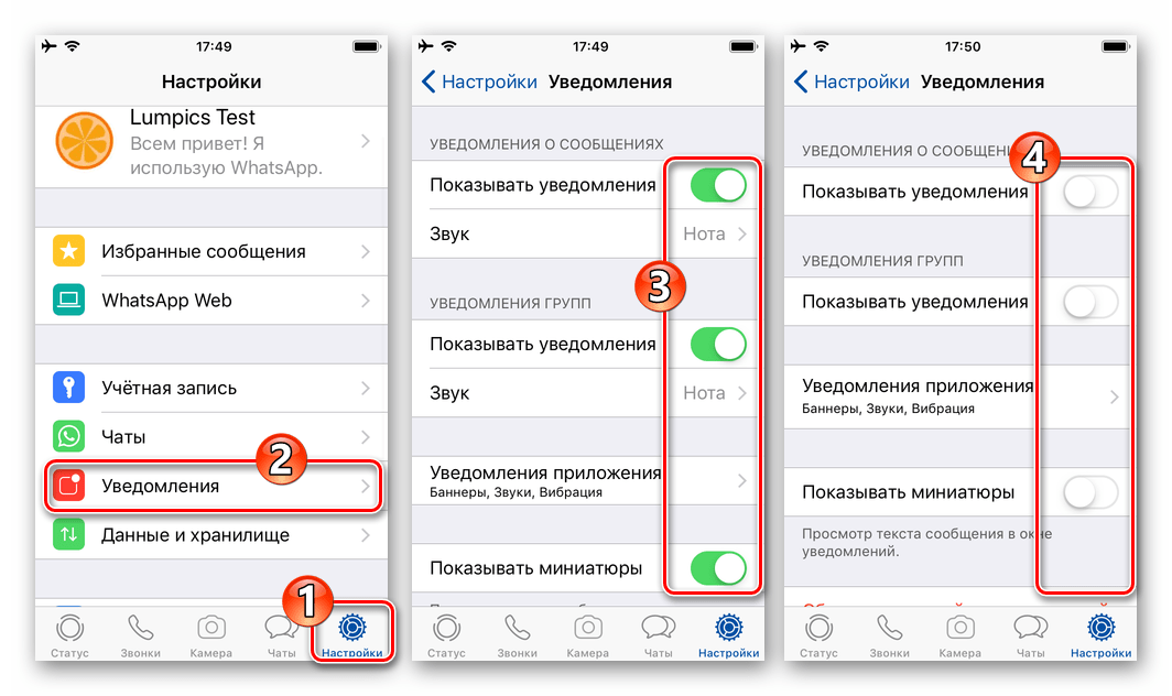 WhatsApp для iOS установка запрета на получение уведомлений из мессенджера