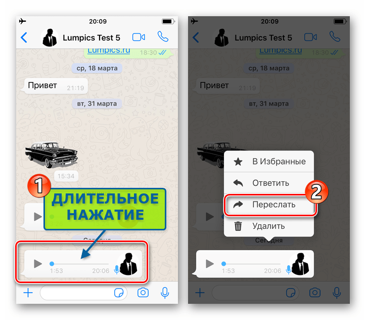 WhatsApp для iOS вызов меню применимых к аудиозаписи в чате действий, пункт Переслать