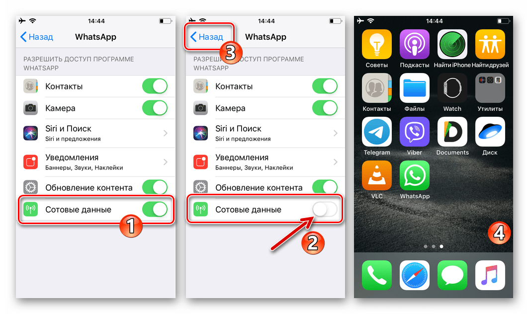 WhatsApp для iPhone - установка запрета на подключение мессенджера к мобильному интернету в Настройках iOS