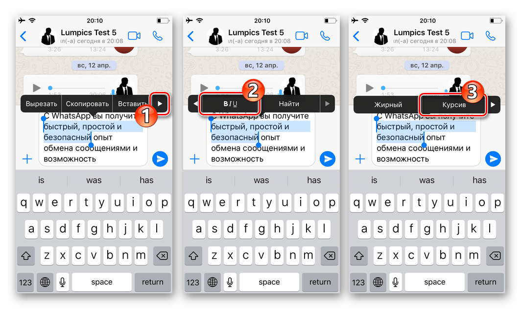 WhatsApp для iPhone - выбор опции форматирование курсивом в контекстном меню выделенного текста