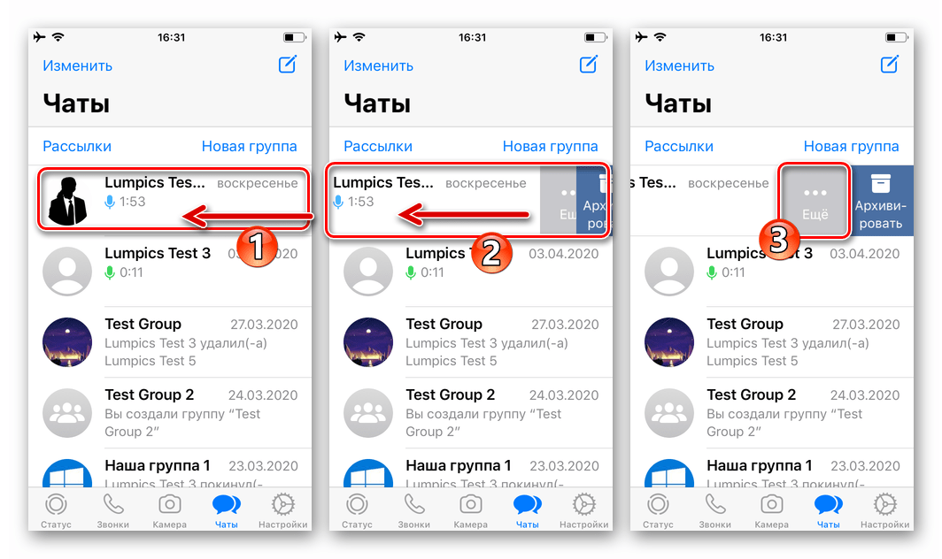WhatsApp для iPhone - вызов меню опций для переписки из раздела ЧАТЫ в мессенджере