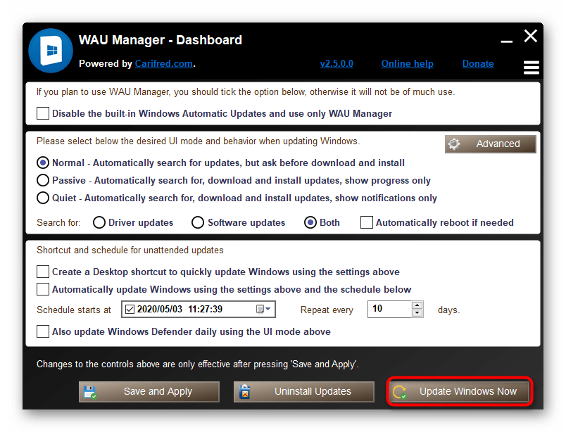 Использование программы WAU Manager для установки обновлений Windows 10