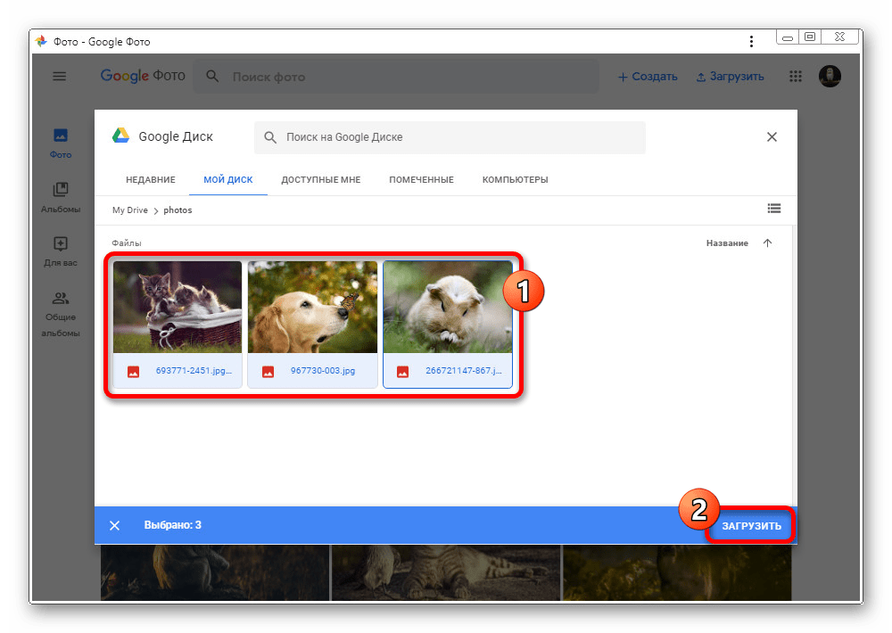 Начало загрузки изображений из Google Диска на сайте Google Фото
