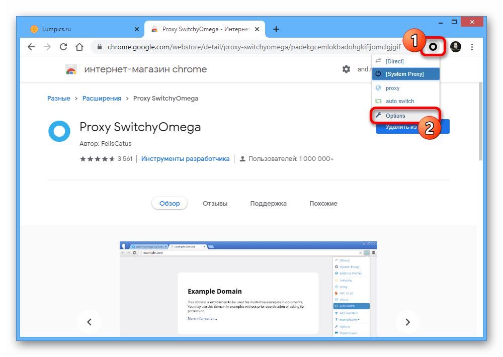 Переход к настройкам расширения Proxy SwitchyOmega в Google Chrome