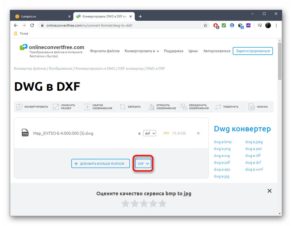 Подтверждение выбора формата для конвертирования DWG в DXF через онлайн-сервис OnlineConvertFree