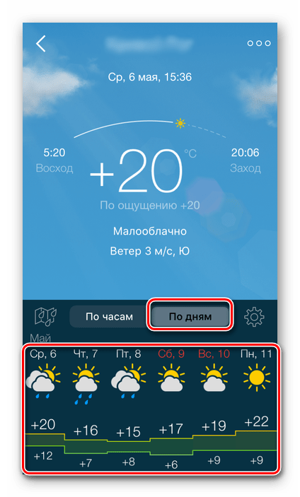 Погода по дням для выбранного места в приложении Gismeteo Lite на iPhone