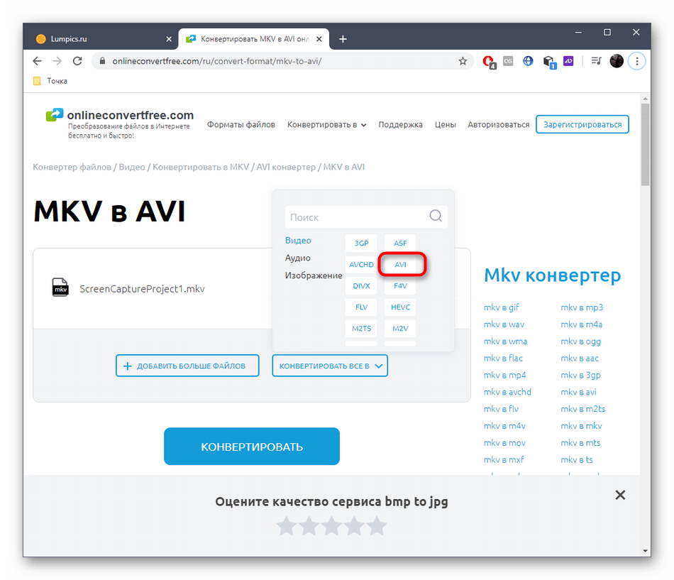 Поиск формата для конвертирования MKV в AVI через онлайн-сервис OnlineConvertFree
