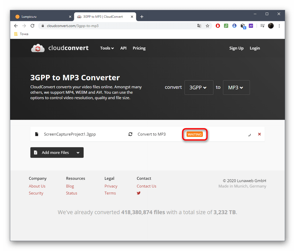 Процесс конвертирования 3GPP в MP3 через онлайн-сервис CloudConvert