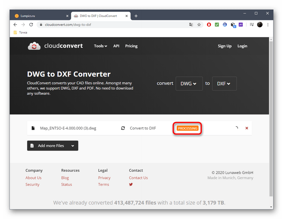 Процесс конвертирования DWG в DXF через онлайн-сервис CloudConvert