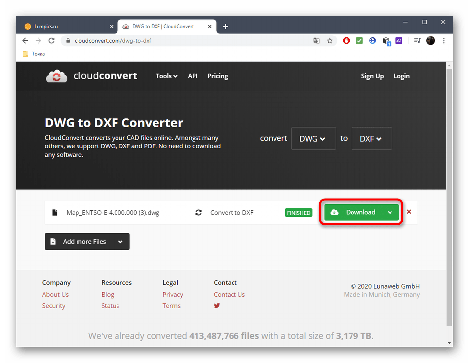 Скачивание итогового файла после конвертирование DWG в DXF через онлайн-сервис CloudConvert