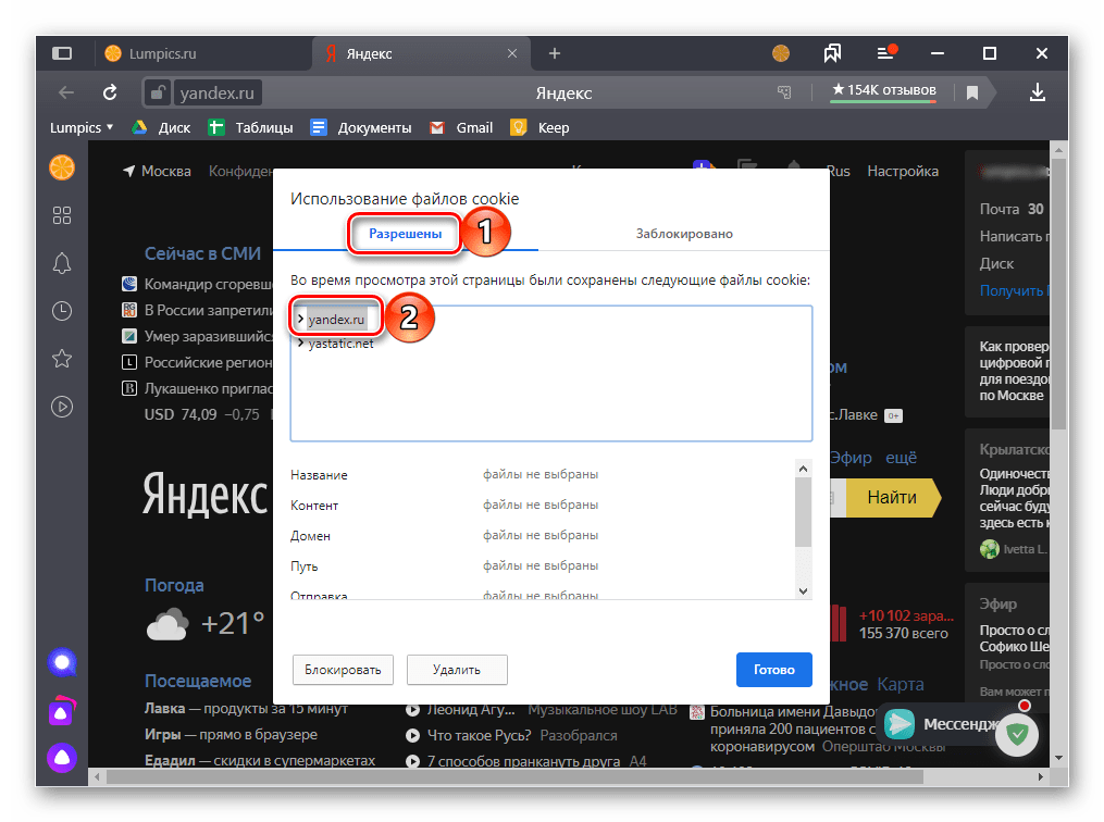 Выбор файлов куки для отключения в Яндекс.Браузере на ПК